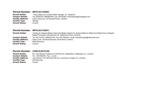 Register of Waste Facility Permits updated 22/08/2013