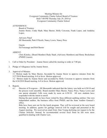 Meeting Minutes for Evergreen Community Charter School Board of ...