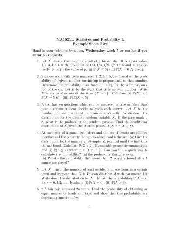 MA10211. Statistics and Probability I. Example Sheet Five Hand in ...