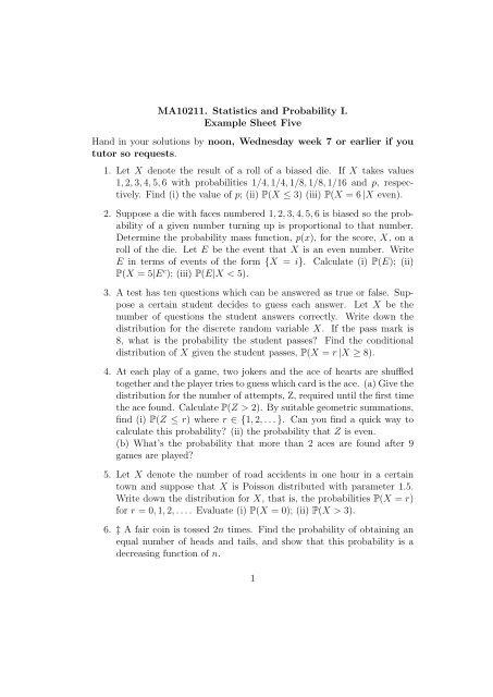 MA10211. Statistics and Probability I. Example Sheet Five Hand in ...