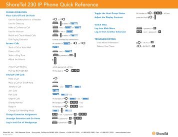 ShoreTel IP 230 Quick Reference - TelData Communications, Inc.