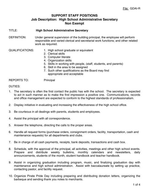 SUPPORT STAFF POSITIONS Job Description: High School ...