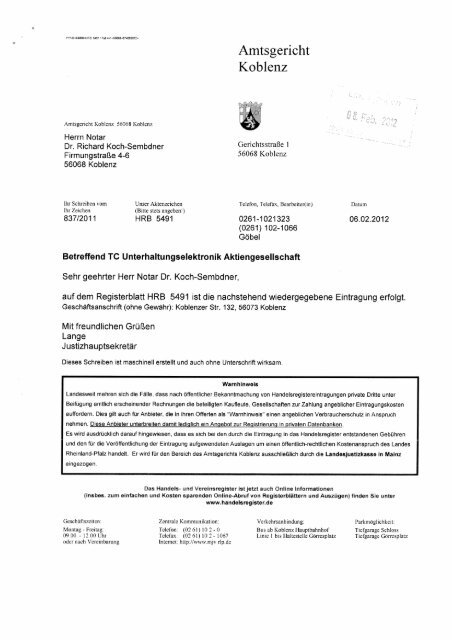 Amtsgericht Koblenz - TC Unterhaltungselektronik AG