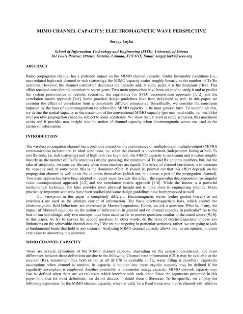 mimo channel capacity: electromagnetic wave perspective - URSI