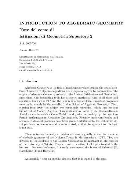 INTRODUCTION TO ALGEBRAIC GEOMETRY Note del corso di ...