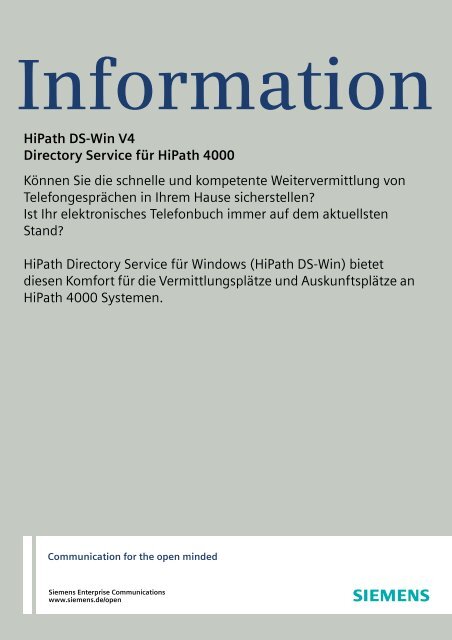 Information HiPath DS-Win V4 Directory Service  für HiPath 4000