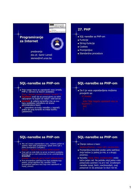 Programiranje za Internet 27. PHP SQL-naredbe sa PHP-om SQL ...