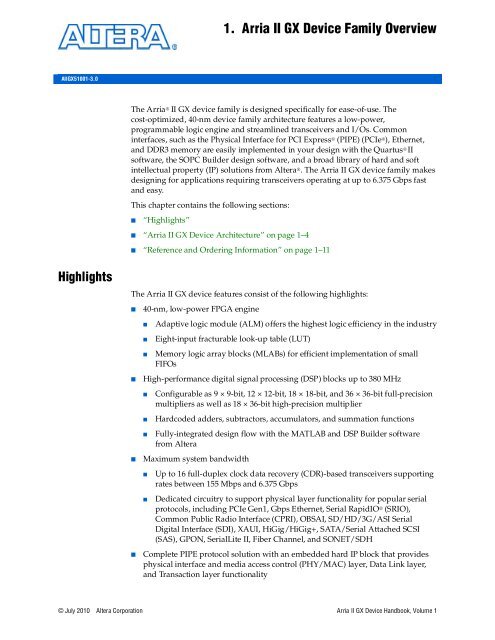 Arria II GX Devices Family Overview