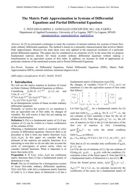 The Matrix Padé Approximation in Systems of Differential ... - WSEAS