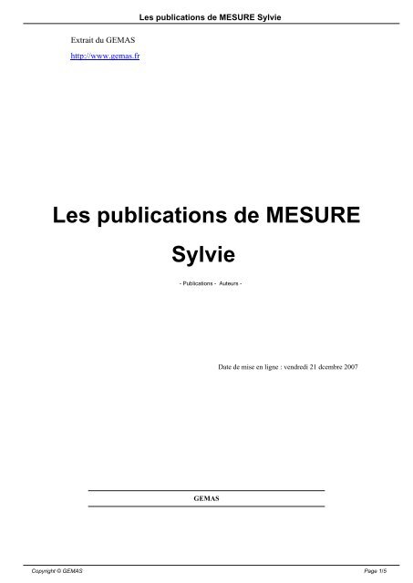 Les publications de MESURE Sylvie - Copyright Â© GEMAS