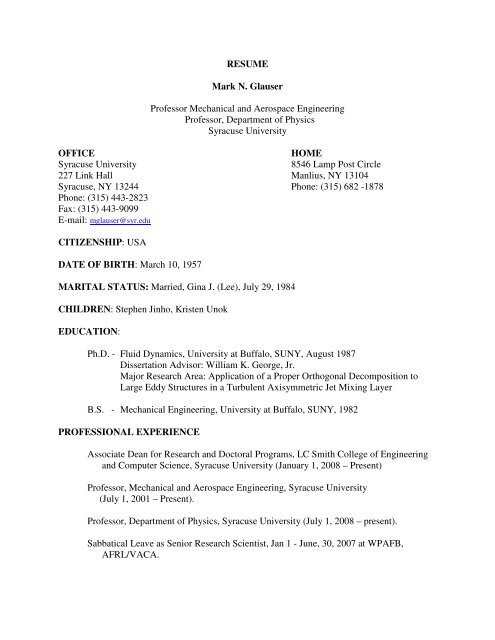 RESUME Mark N. Glauser - LC Smith College of Engineering and ...