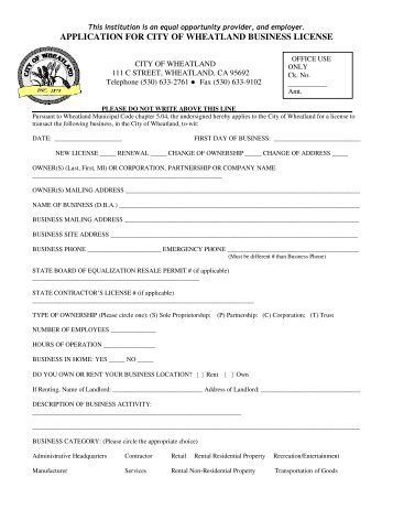 APPLICATION FOR CITY OF WHEATLAND BUSINESS LICENSE