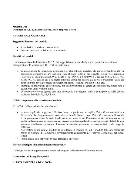 MODULO R Denuncia al REA di Associazione, Ente, Impresa Estera ...