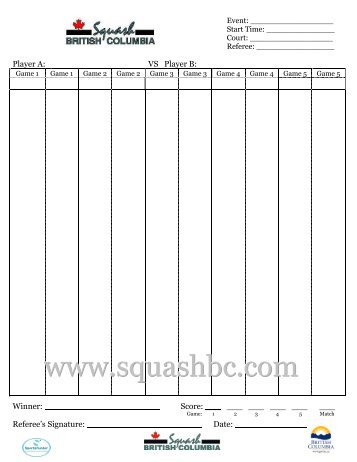 Generic Score Sheet - Squash BC