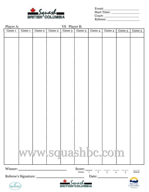 Generic Score Sheet - Squash BC