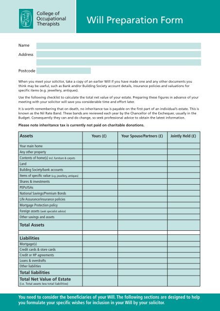 Will Preparation Form - College of Occupational Therapists