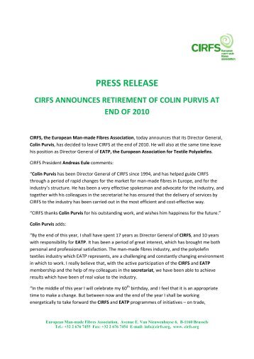 press release cirfs announces retirement of colin ... - FiberSource