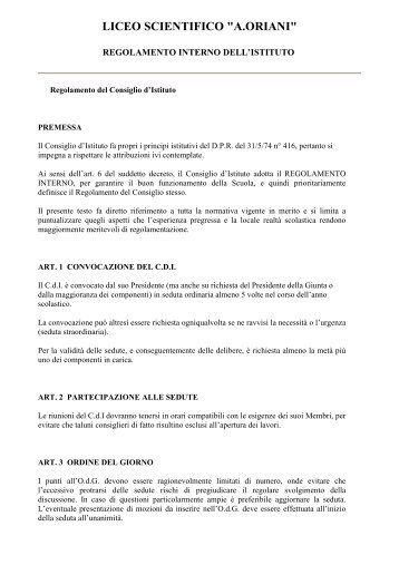 Regolamento d'Istituto - Liceo Scientifico "A.Oriani"