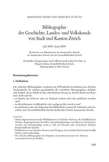 Bibliographie der Geschichte, Landes - Staatsarchiv - Kanton Zürich