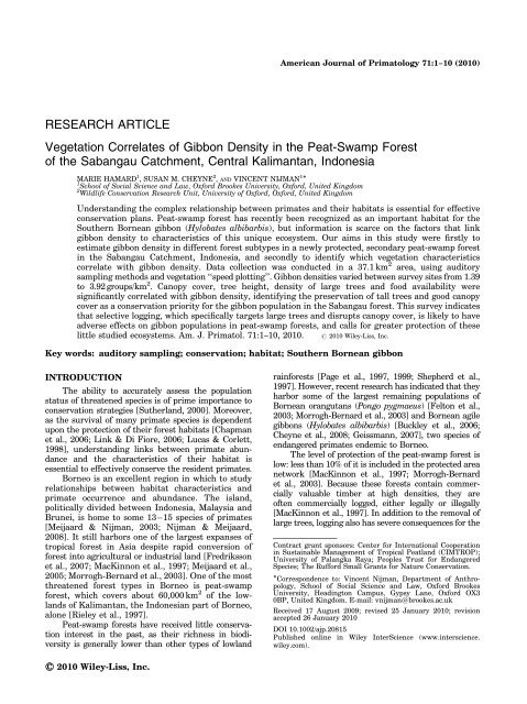 Vegetation correlates of gibbon density in the peat ... - Vincent Nijman