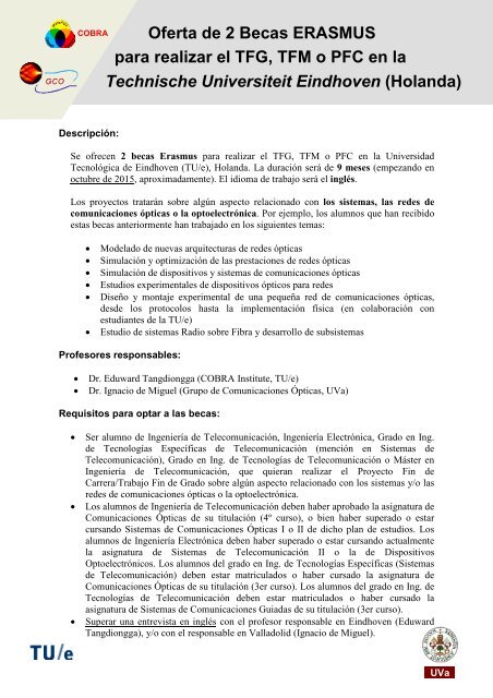 Oferta de 2 Becas ERASMUS para realizar el proyecto fin de carrera ...