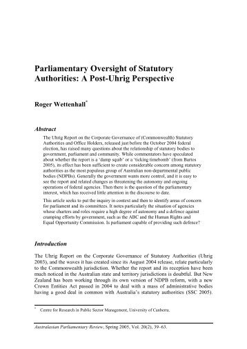 Parliamentary Oversight of Statutory Authorities: A Post-Uhrig ...