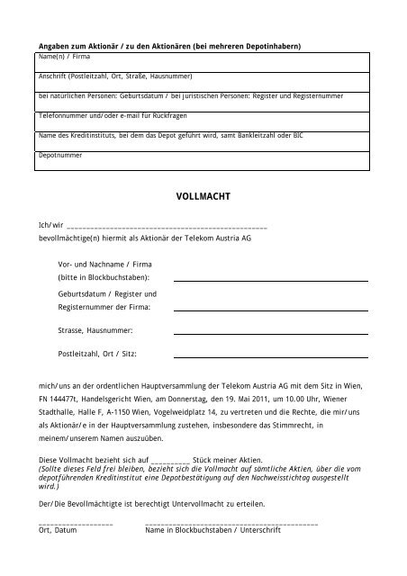 Vollmacht Telekom Austria Group
