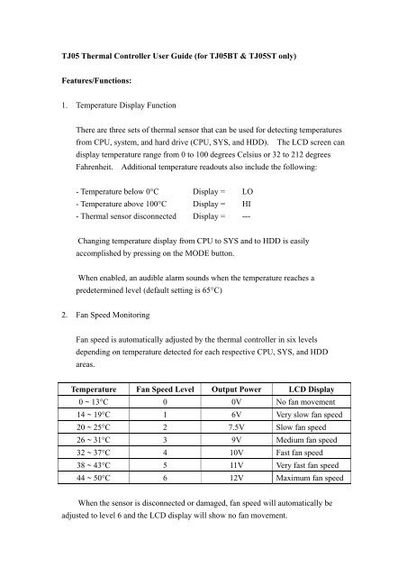 TJ05 Thermal Controller User Guide (for TJ05BT ... - SilverStone