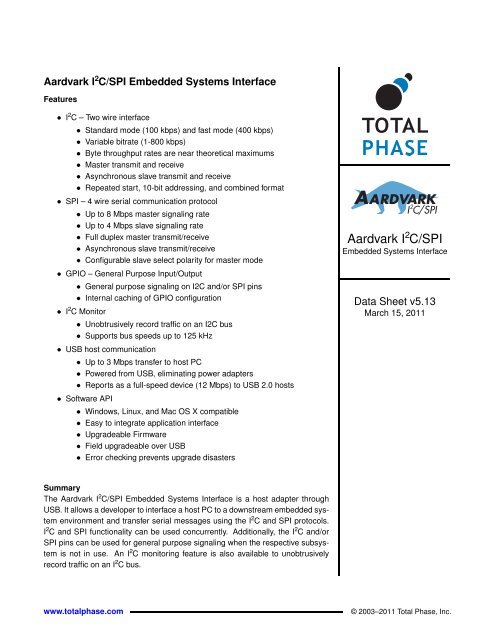 Aardvark I2C/SPI Host Adapter Data Sheet v5.13 - Pertech ...