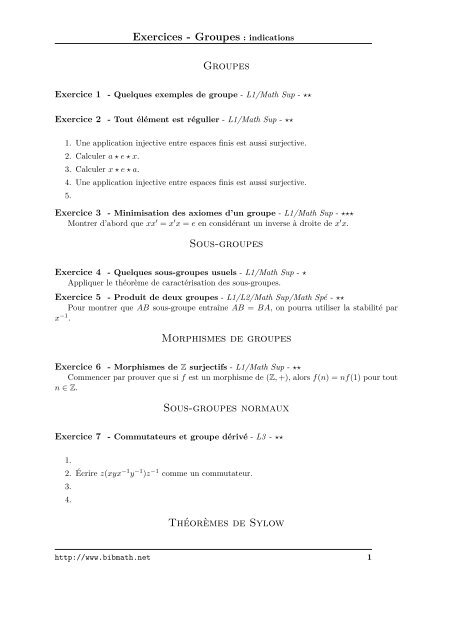 Exercices - Groupes : indications Groupes Sous-groupes ... - Bibmath