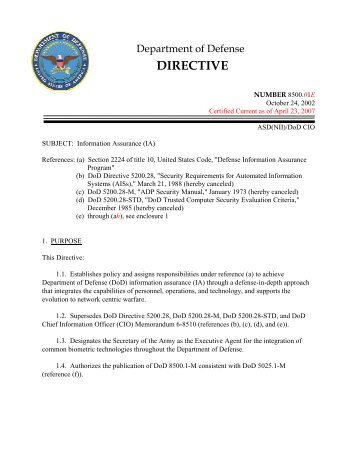 DoD Directive 8500.01E, October 24, 2002 - Defense Technical ...