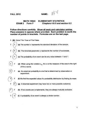 MATH 10043 ELEMENTARY STATISTICS EXAM 2 Form F Chapters ...