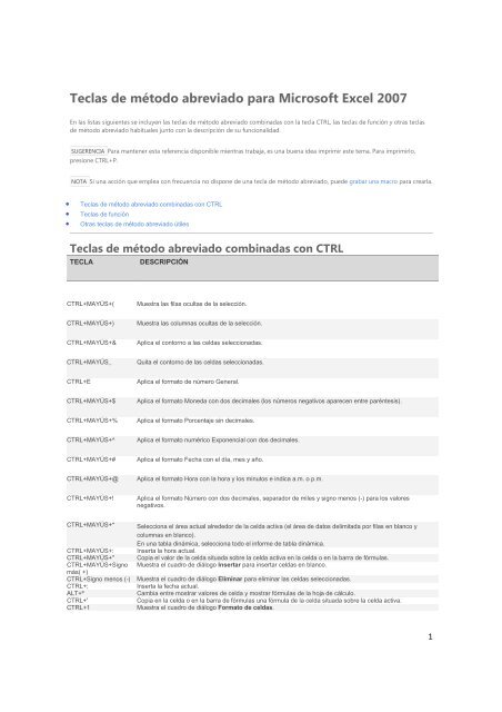 (Teclas de método abreviado para Microsoft Excel 2007)