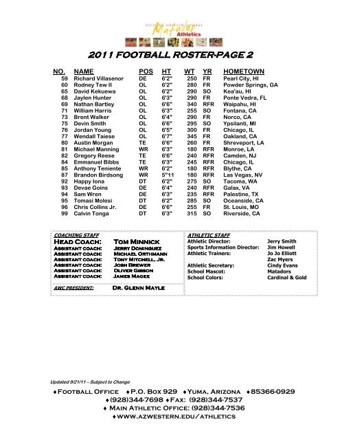 2011 AWC Football Roster 9-24-11 - Arizona Western College