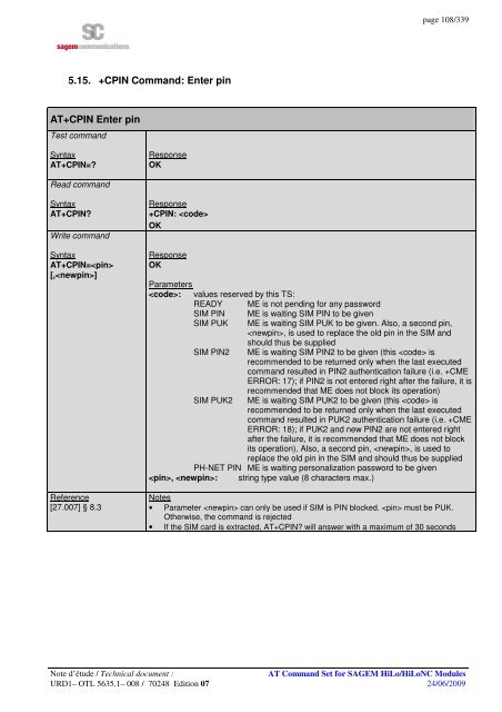 AT COMMAND SET HILO/HILONC MODULES - Libelium