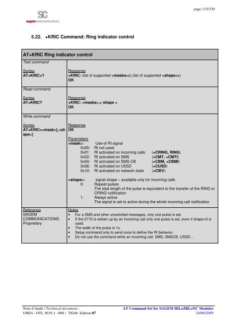 AT COMMAND SET HILO/HILONC MODULES - Libelium