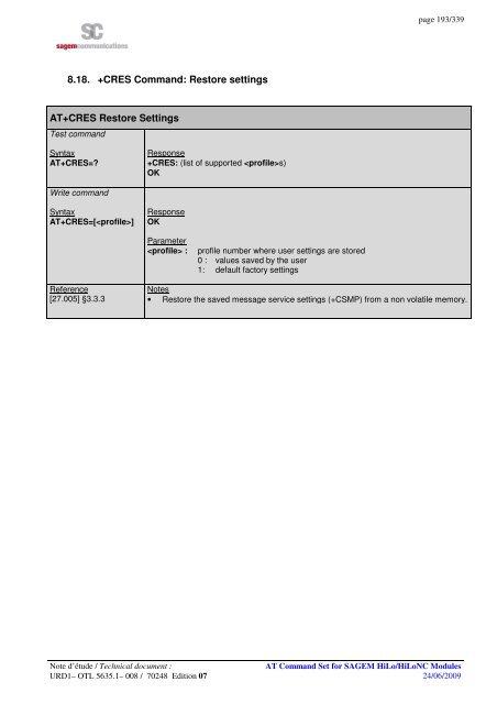 AT COMMAND SET HILO/HILONC MODULES - Libelium