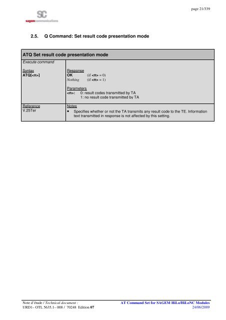 AT COMMAND SET HILO/HILONC MODULES - Libelium