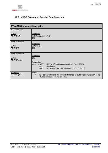 AT COMMAND SET HILO/HILONC MODULES - Libelium