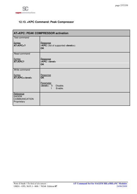 AT COMMAND SET HILO/HILONC MODULES - Libelium