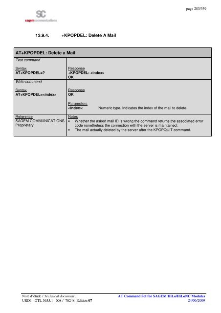 AT COMMAND SET HILO/HILONC MODULES - Libelium