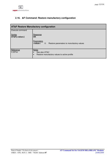 AT COMMAND SET HILO/HILONC MODULES - Libelium