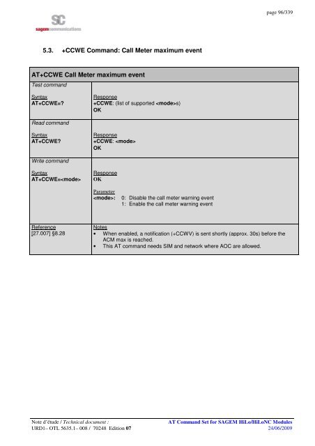 AT COMMAND SET HILO/HILONC MODULES - Libelium