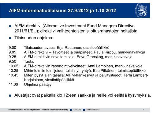 AIFM-informaatiotilaisuudet - Finanssivalvonta