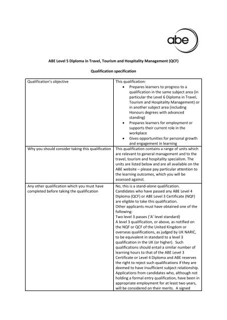 Abe Level 5 Diploma In Travel Tourism And Hospitality - 