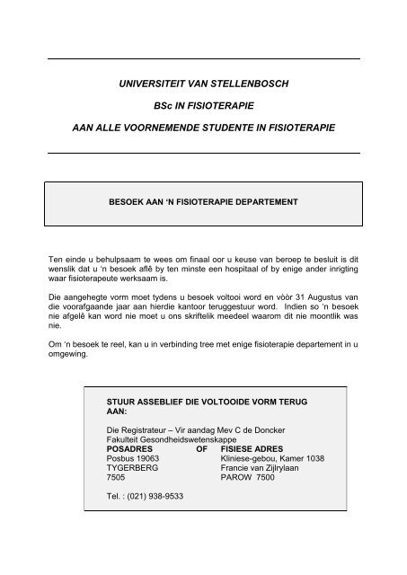UNIVERSITEIT VAN STELLENBOSCH BSc IN FISIOTERAPIE AAN ...