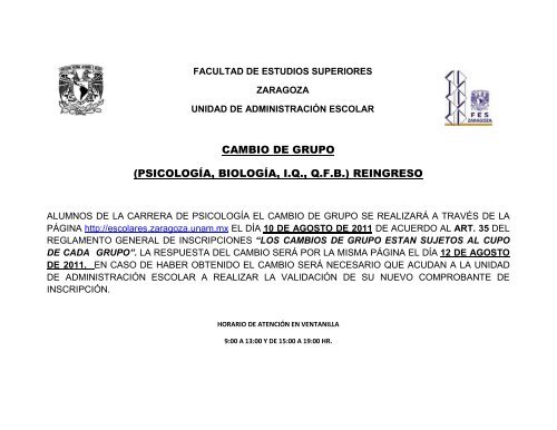 cambio de grupo - Escolares Zaragoza - UNAM