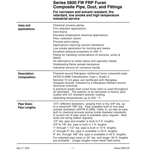 Series 5800 FW FRP Furan Composite Pipe, Duct, and Fittings