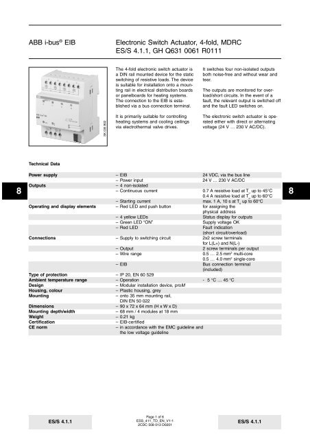 ABB i-busÂ® EIB Electronic Switch Actuator, 4-fold, MDRC ES/S 4.1.1 ...