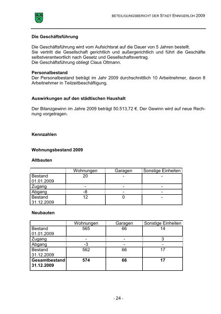 Beteiligungsbericht 2009 - Stadt Ennigerloh